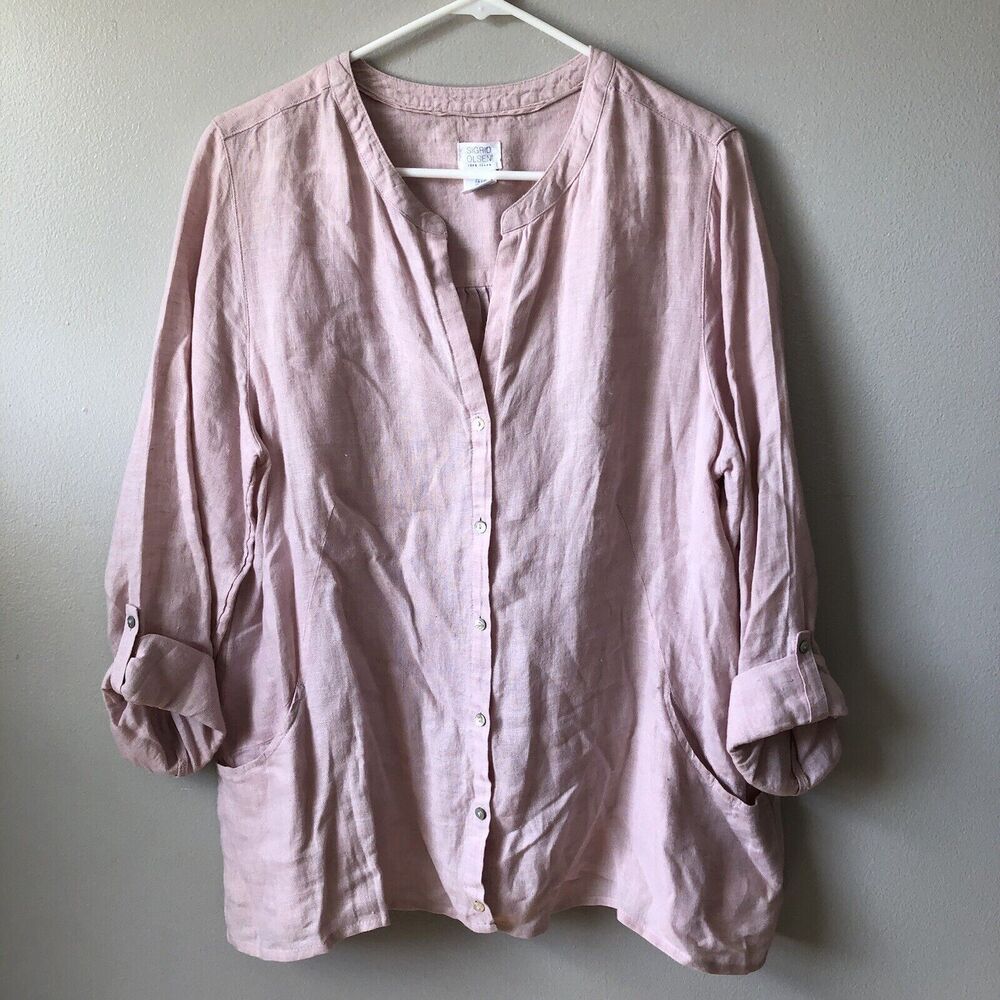 Sigrid Olsen Shirt Womens L 100% Linen Popover Tunic Pink Convertible Roll Tab